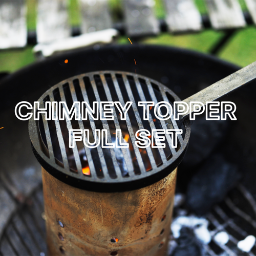 Lit charcoal quick starter chimney, cast iron grill and universal grill handle with text overlay 